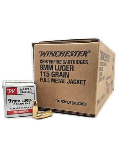 Winchester USA Target & Practice Handgun Ammunition 9mm Luger 115gr FMJ 1190 fps 1000/ct Case (20-50/ct Boxes)