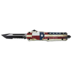 Templar Knife STX531 Gen II Texan Small 2.25" OTF Tanto Part Serrated Black Oxide Stonewashed 440C SS Blade, 4.31" Texas Flag Aluminum Handle, Glass Breaker
