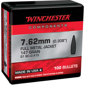 Winchester Ammo WB762M147X Centerfire Rifle  7.62mm 147gr Full Metal Jacket Boat Tail 100 Per Box/10 Case