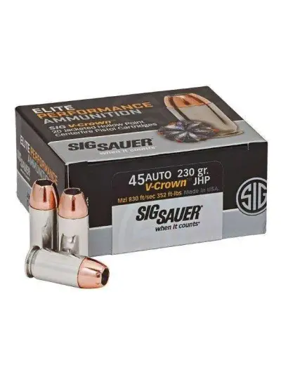 SIG SAUER AMMO 45 AUTO 230GR ELITE V-CROWN JHP BOX/50