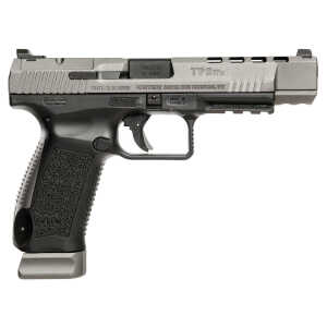Canik HG3774GN TP9SFx 9mm Luger 20+1, 5.20" Black Nitride Match Grade Barrel, Tungsten Gray Cerakote Optic Ready/Serrated w/Ports Steel Slide, Black Polymer Frame w/Picatinny Rail, Ambidextrous - Image 1