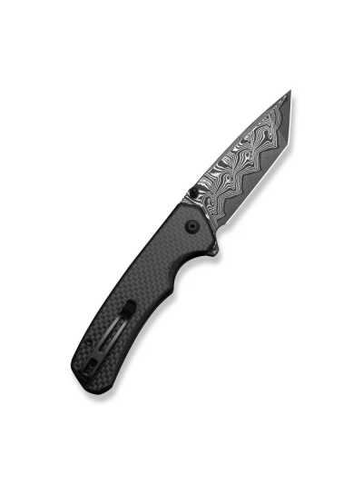 Button Lock Brazen Flipper & Thumb Stud Knife Twill Carbon Fiber Overlay On Black G10 Handle (3.46"" Damascus Blade)