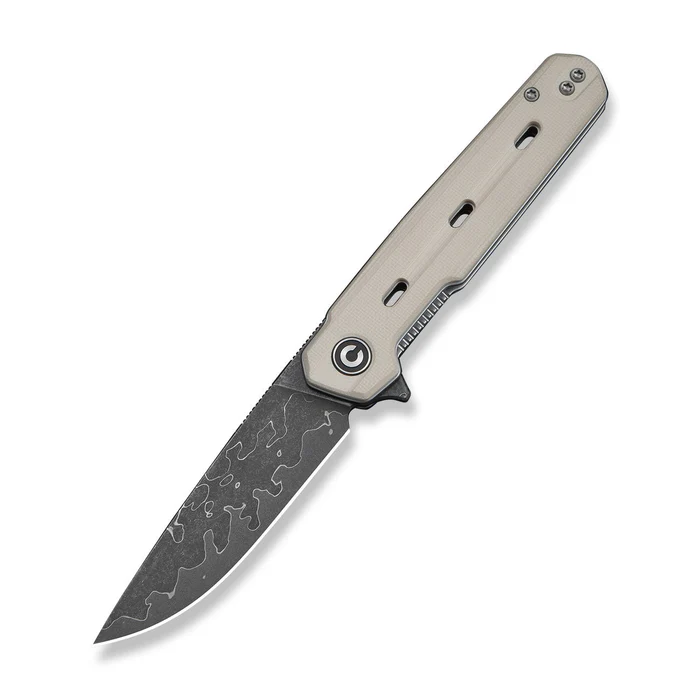 Navo Flipper Knife Ivory G10 Handle (3.25"" Damascus Blade)