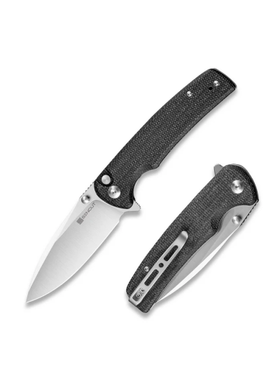 Sachse Flipper/Thumb Stud Folding Knife 3.47"" Satin 9Cr18MoV Drop Point Plain Edge Blade, Black Micarta Handle