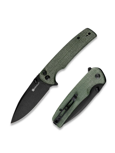 Sachse Flipper/Thumb Stud Folding Knife 3.47"" Black 9Cr18MoV Drop Point Plain Edge Blade, Green Micarta Handle