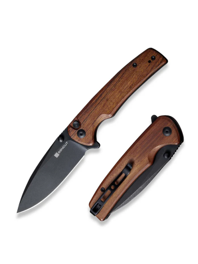 Sachse Flipper/Thumb Stud Folding Knife 3.47"" Black 9Cr18MoV Drop Point Plain Edge Blade, Guibourtia Wood Handle