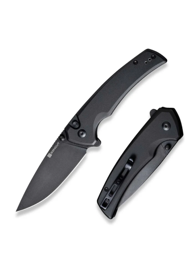 Serene Flipper/Thumb Stud Folding Knife 3.48"" Black D2 Drop Point Plain Edge Blade, Black Aluminum Handle