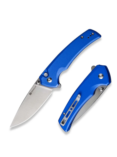 Serene Flipper/Thumb Stud Folding Knife 3.48"" Satin D2 Drop Point Plain Edge Blade, Bright Blue Aluminum Handle