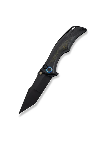Tighe Down Flipper & Thumb Stud & Button Lock Knife Black Titanium Integral Handle With Black & Yellow Carbon Fiber Inlay (4"" Black Stonewashed Bohler M390 Blade, Tanto)