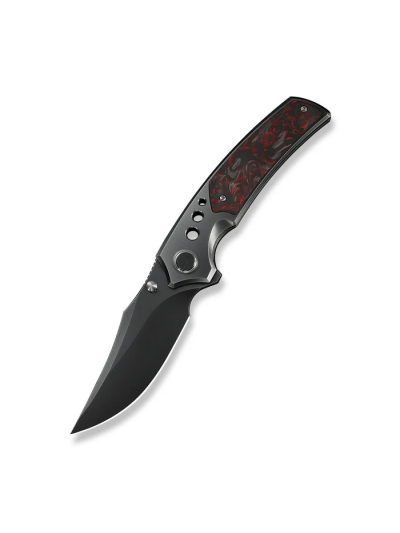 Skynix Flipper & Thumb Stud Knife Polished Gray Titanium Handle With Black & Red Carbon Fiber Inlay